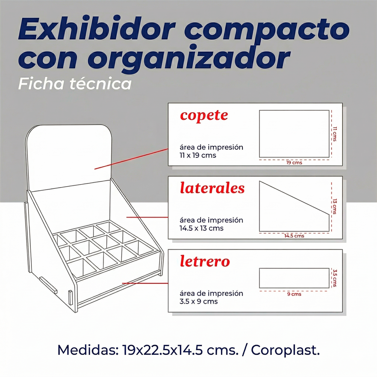 Exhibidor compacto con organizador